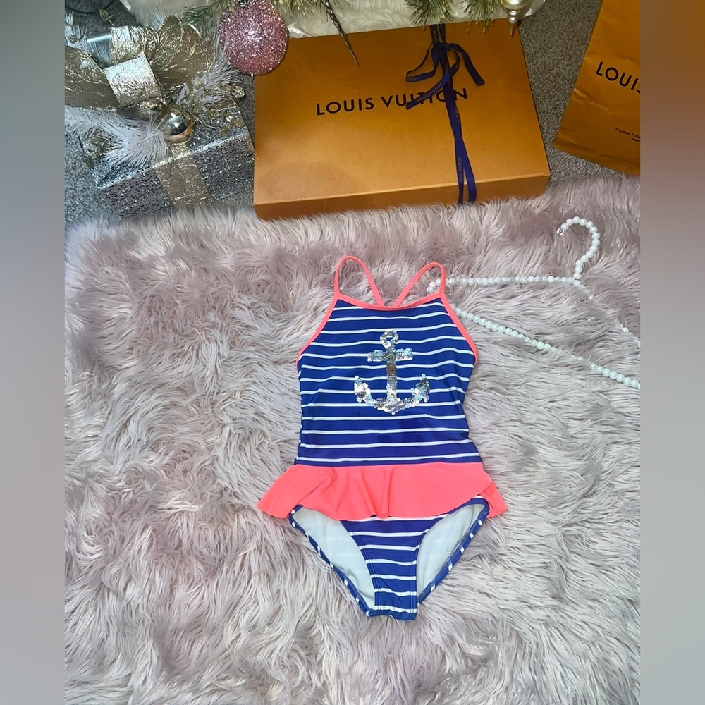 EUC Cat & Jack Flip Sequin Anchor Coral, Blue, & White Skirted 1 Piece Swim 6/6X
